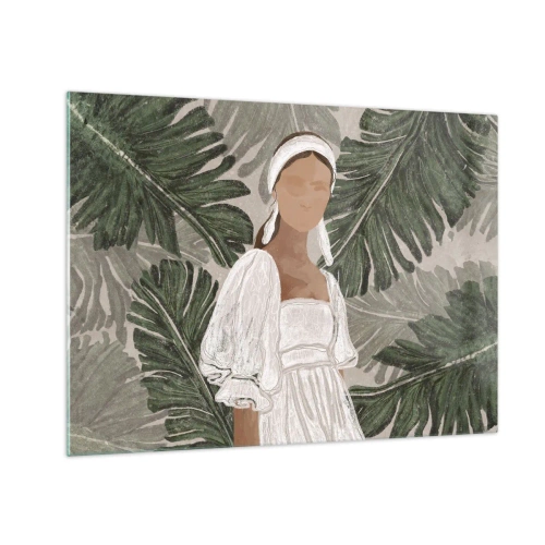 Quadro em vidro - Uma mulher de vestido branco sobre um fundo de folhas tropicais verdes. - 70x50cm - Retrato exótico - Decoração de parede moderna para a sala de estar e quarto ARTTOR