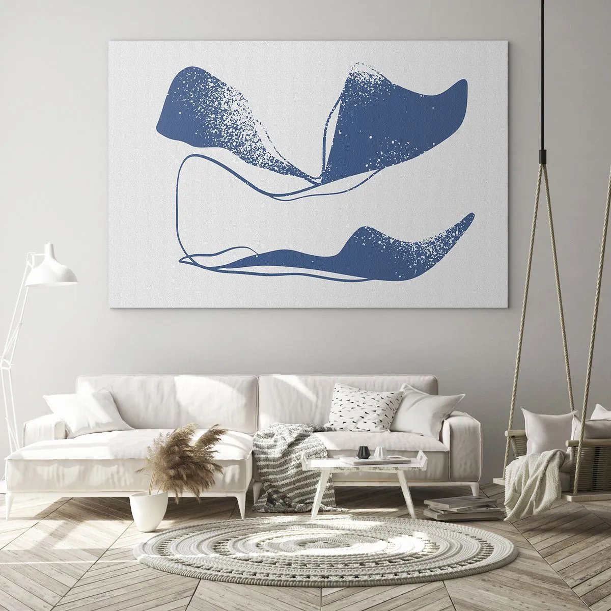 Quadro em vidro - Formas abstratas azul-marinho que lembram asas - 70x50cm - Abstração alada - Decoração de parede moderna para a sala de estar e quarto ARTTOR