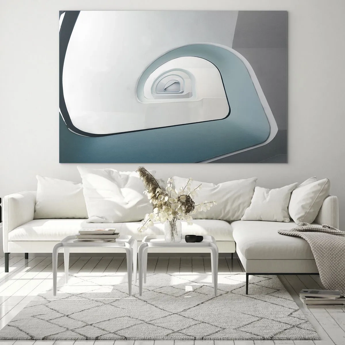 Quadro em vidro - Uma escada moderna em uma perspectiva abstrata - 70x50cm - Para o fundo do azul - Decoração de parede moderna para a sala de estar e quarto ARTTOR