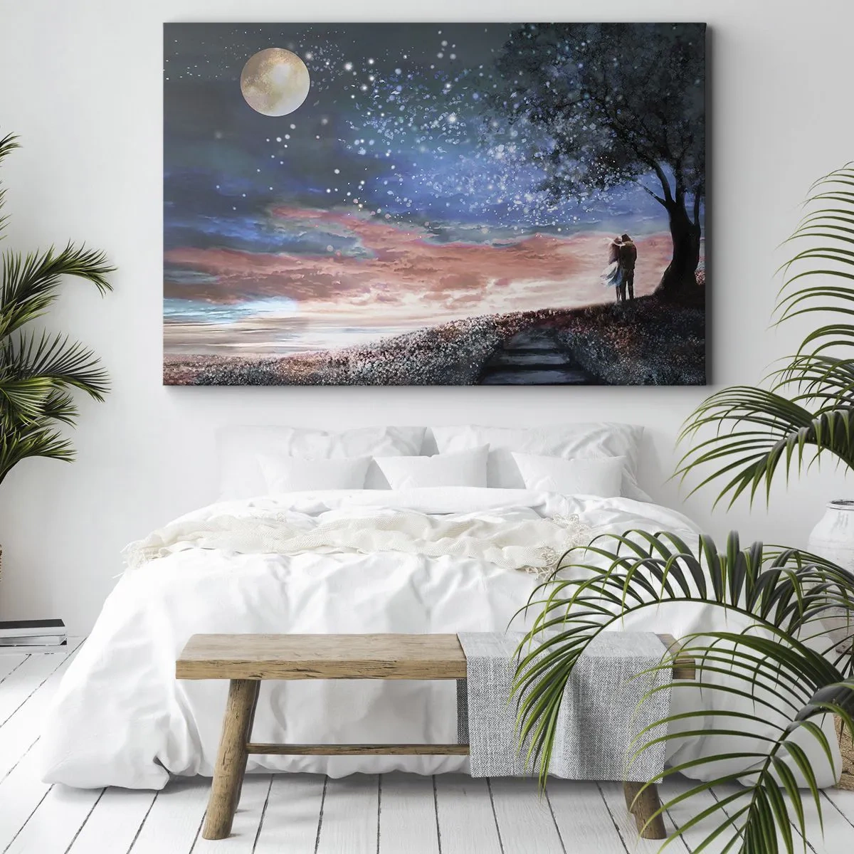 Quadro em tela - Cena romântica de casal sob a lua cheia - 70x50cm - Espetáculo estrelado - Decoração de parede moderna para a sala de estar e quarto ARTTOR