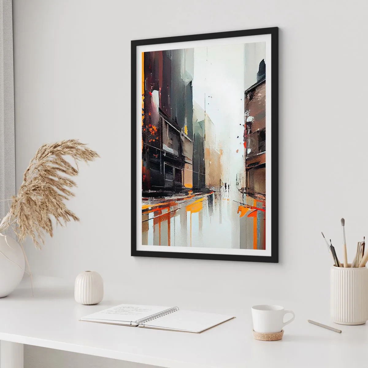 Pôster com moldura preta - Panorama abstrato da cidade em tons de cinza e laranja - 50x70cm - Dia chuvoso - Decoração de parede moderna para a sala de estar e quarto ARTTOR