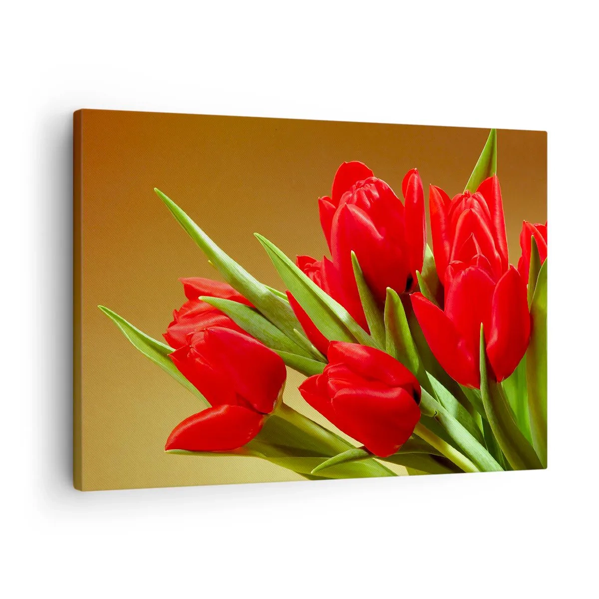 Quadro em tela - Um buquê de tulipas vermelhas sobre um fundo dourado com folhas verdes. - 70x50cm - Um ramo de alegria primaveril - Decoração de parede moderna para a sala de estar e quarto ARTTOR