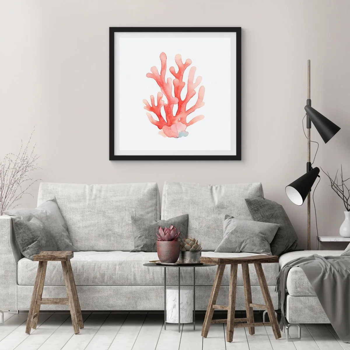 Pôster com moldura preta - Coral de cor coral - 30x30 cm