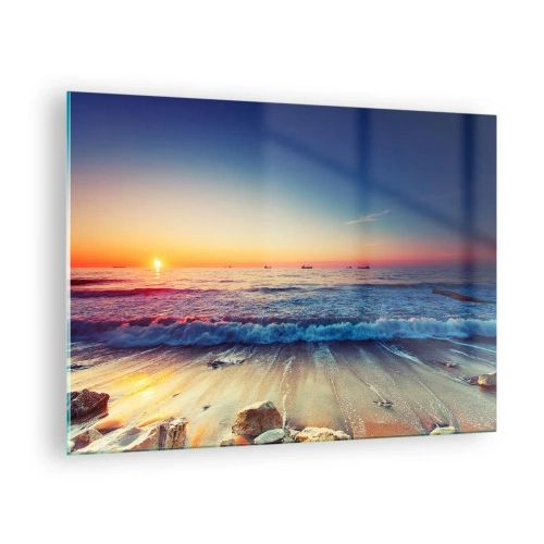 Quadro em vidro - Pôr do sol sobre a praia com ondas suaves e mar calmo - 70x50cm - E além do horizonte? - Decoração de parede moderna para a sala de estar e quarto ARTTOR