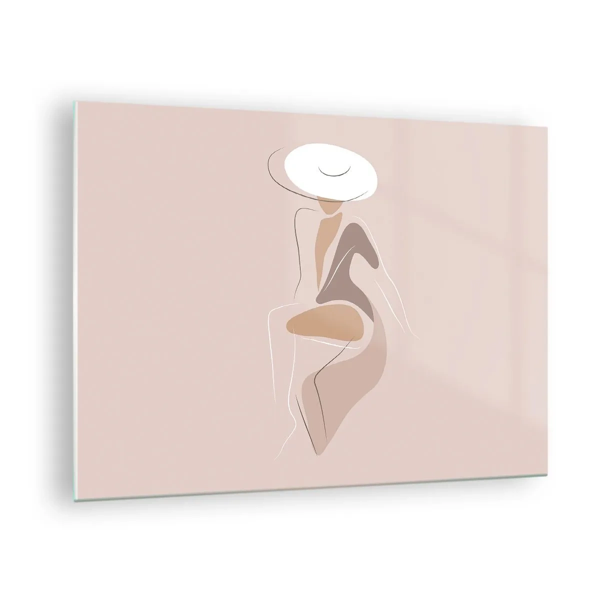 Quadro em vidro - Silhueta de uma mulher com chapéu em fundo bege - 70x50cm - Ser uma dama - Decoração de parede moderna para a sala de estar e quarto ARTTOR