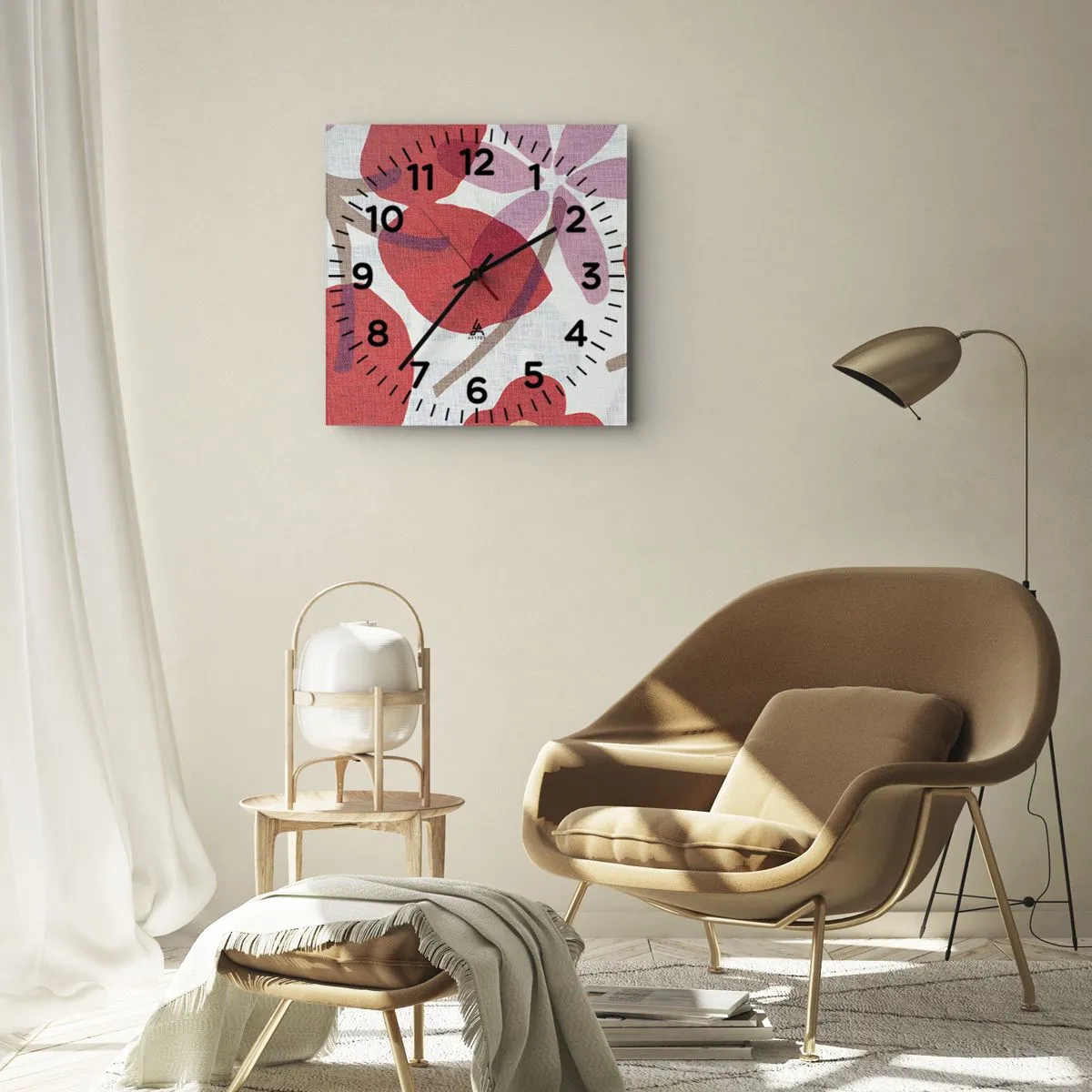 Relógio de parede - Relógio em vidro - Arranjo de flores em rosa - 40x40 cm