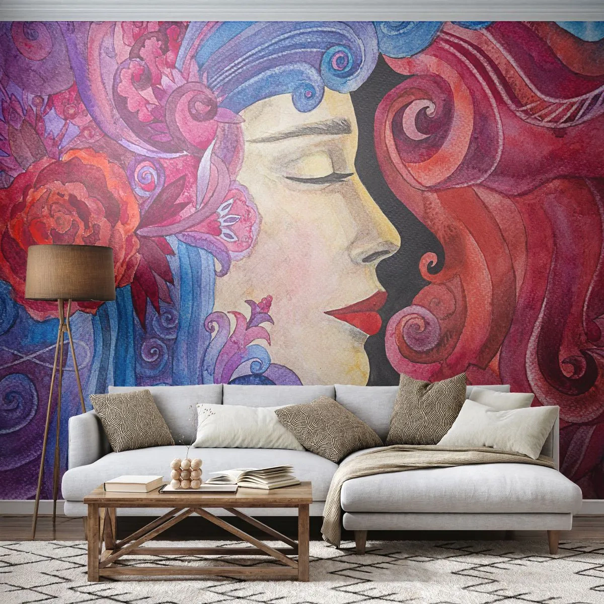 Papel de Parede Premium Sand - Secessão ainda viva - Mulher, Flores, Deusa - 100x70 cm