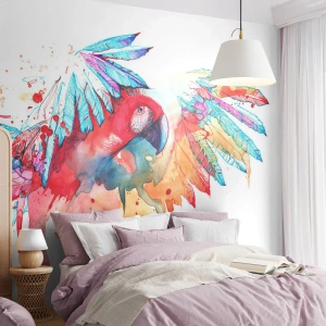 Papel de Parede Standard Eco - Um papagaio colorido em estilo aquarela artístico - 100x70cm - Papagaios coloridos - Decoração de parede moderna para a sala de estar e quarto ARTTOR