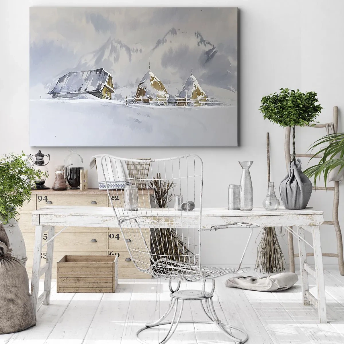 Quadro em tela - Paisagem de inverno com uma casa de campo e palheiros nas montanhas - 70x50cm - No vale nevado - Decoração de parede moderna para a sala de estar e quarto ARTTOR