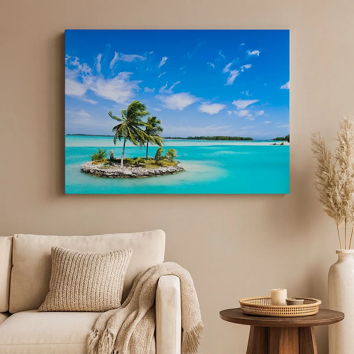 Quadro em tela - Uma ilha exótica com palmeiras em águas azul-turquesa - 70x50cm - Paraíso na terra - Decoração de parede moderna para a sala de estar e quarto ARTTOR