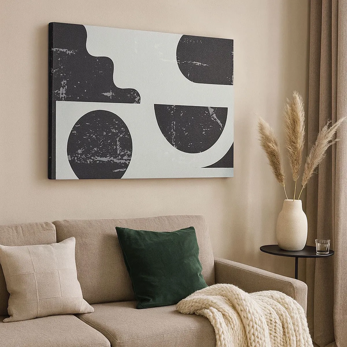 Quadro em tela - Padrões geométricos em tons de preto e cinza - 70x50cm - Composição acima e abaixo - Decoração de parede moderna para a sala de estar e quarto ARTTOR