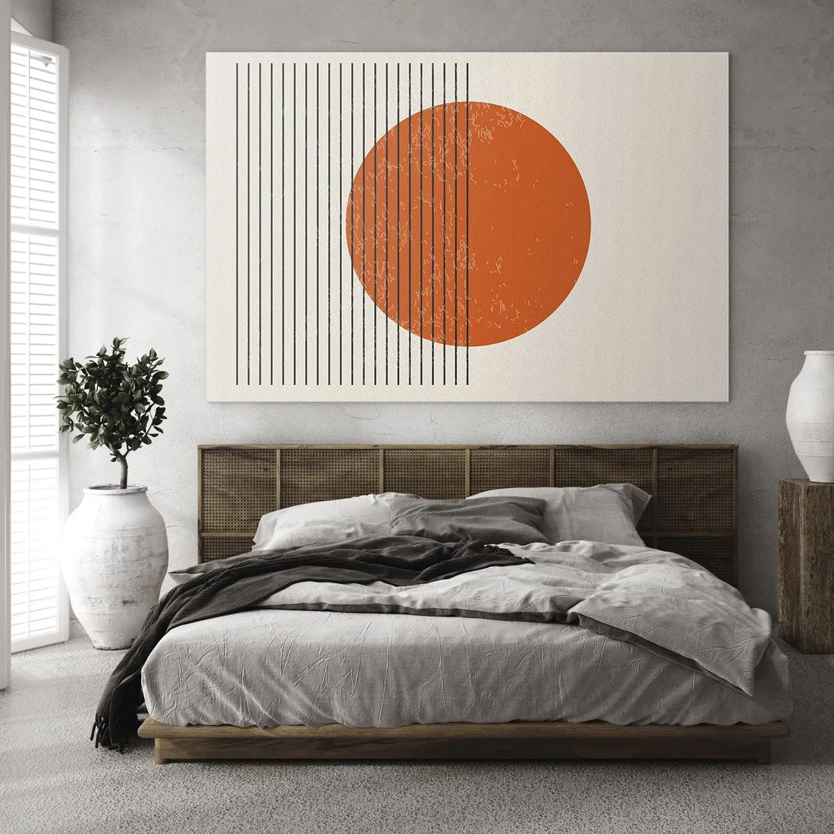 Quadro em vidro - Composição geométrica com círculo laranja e linhas - 70x50cm - Sempre sol - Decoração de parede moderna para a sala de estar e quarto ARTTOR