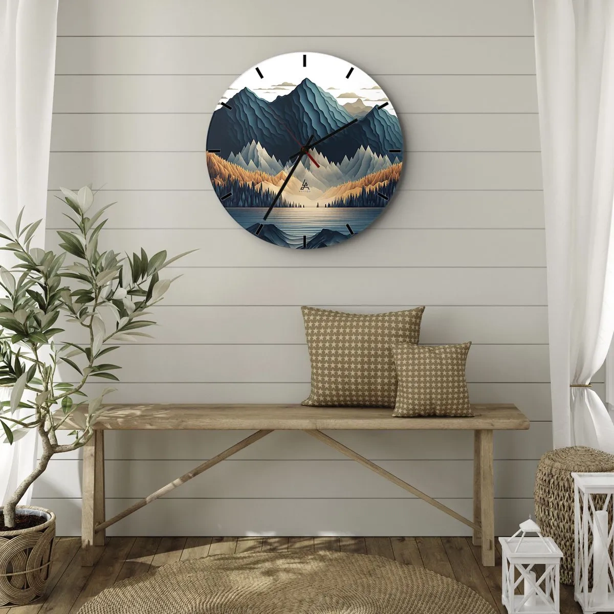 Relógio de parede - Relógio em vidro - Montanhas em tons de azul marinho e bege sobre o lago pela manhã - 30x30cm - Paisagem montanhosa perfeita - Decoração de parede moderna para a sala de estar, cozinha e quarto ARTTOR