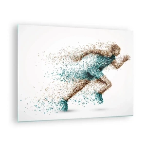 Quadro em vidro - Uma figura de corredor formada por partículas coloridas - 70x50cm - A vida é uma corrida - Decoração de parede moderna para a sala de estar e quarto ARTTOR