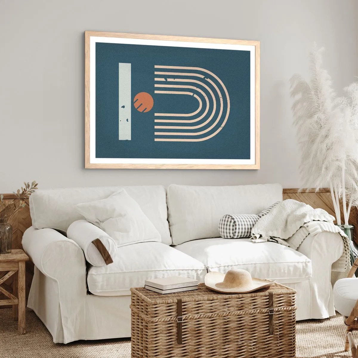 Pôster com moldura de carvalho claro - Geometria em azul marinho - 50x40 cm
