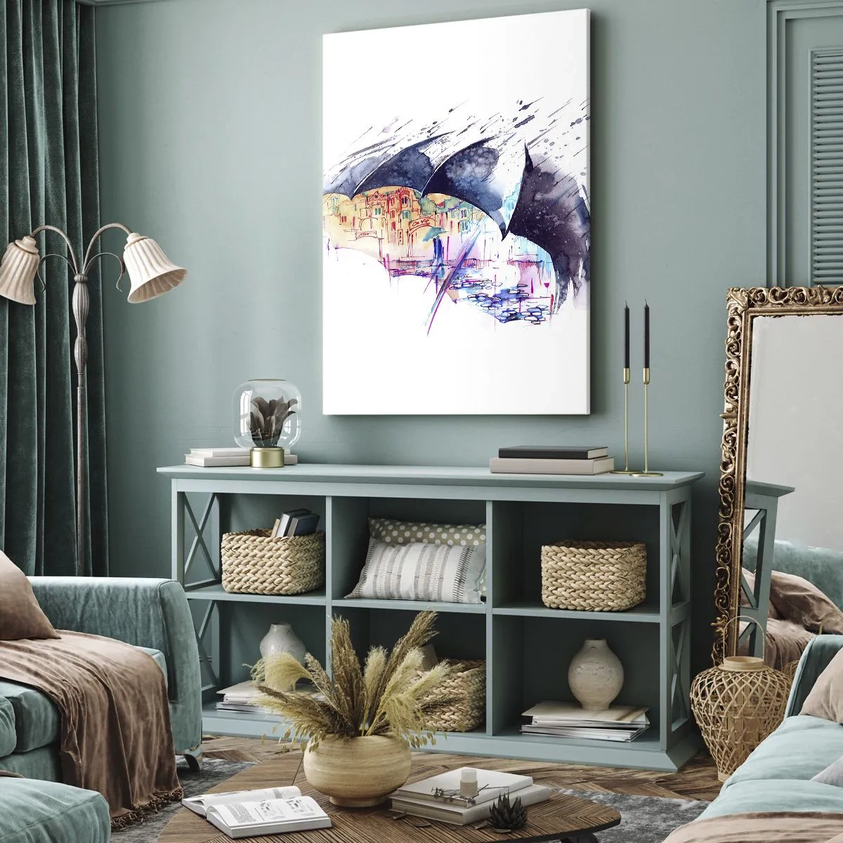 Quadro em tela - Passeio na chuva - 45x80 cm