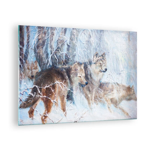 Quadro em vidro - Três lobos em uma floresta de inverno cercada por neve - 70x50cm - Atenção! Está a vir... - Decoração de parede moderna para a sala de estar e quarto ARTTOR