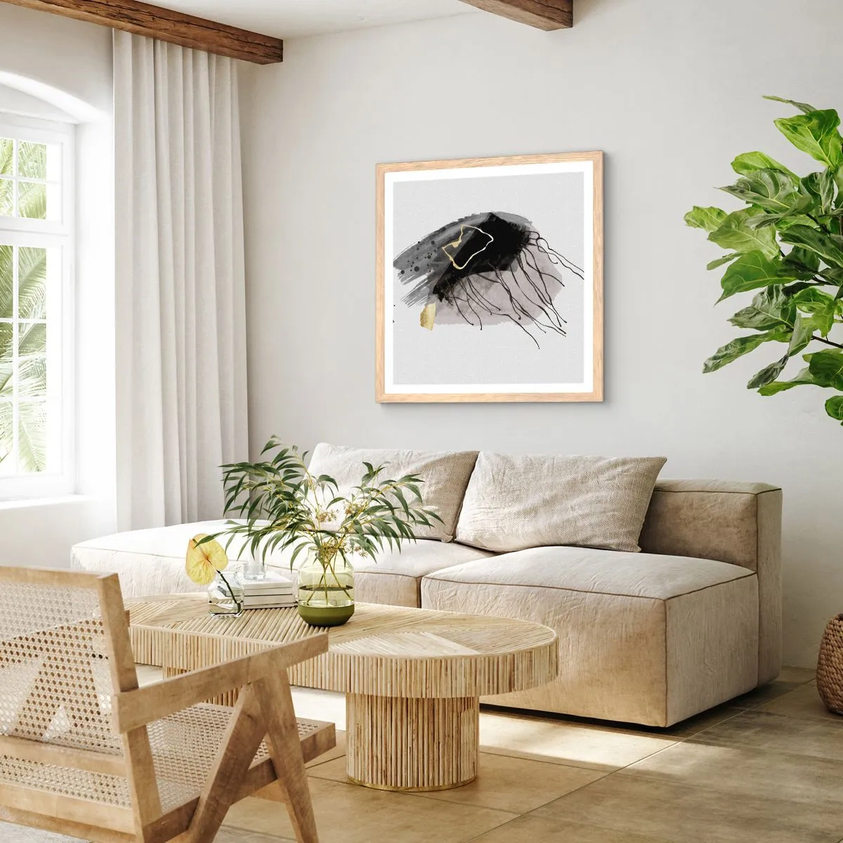 Pôster com moldura de carvalho claro - A preto e dourado - 40x40 cm