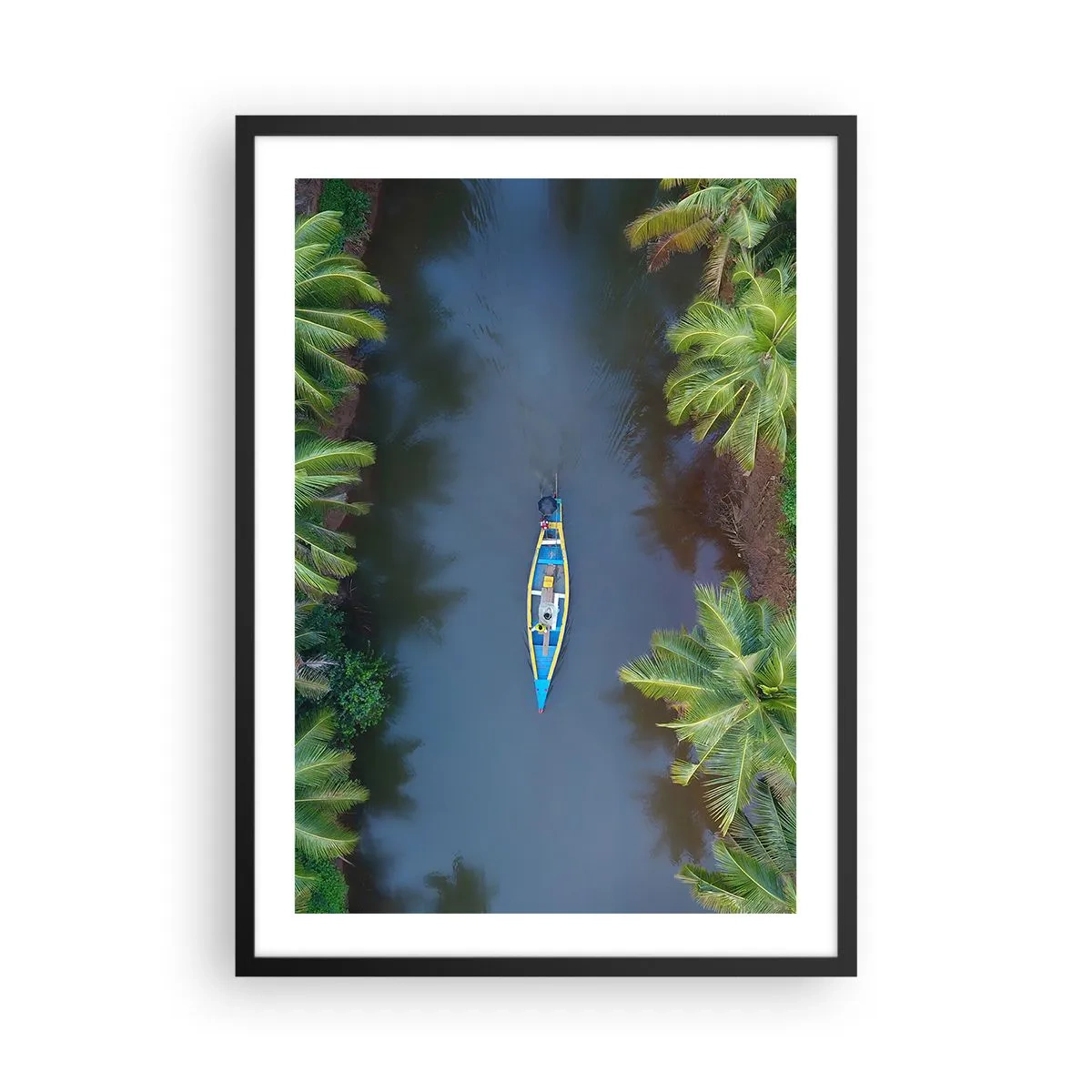 Pôster com moldura preta - Vista aérea de um barco flutuando em um rio tropical - 50x70cm - Em uma trilha tropical - Decoração de parede moderna para a sala de estar e quarto ARTTOR