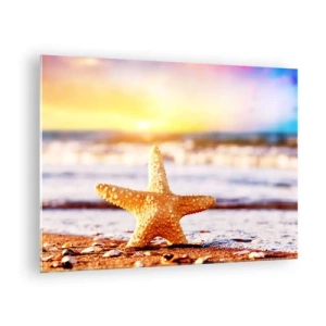 Quadro em vidro - Estrela do mar na praia à luz do pôr do sol - 70x50cm - Presente do mar - Decoração de parede moderna para a sala de estar e quarto ARTTOR