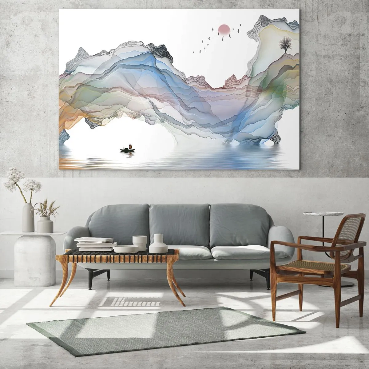 Quadro em vidro - Montanhas coloridas com um barco na água em estilo aquarela - 70x50cm - Em direção às montanhas de cristal - Decoração de parede moderna para a sala de estar e quarto ARTTOR