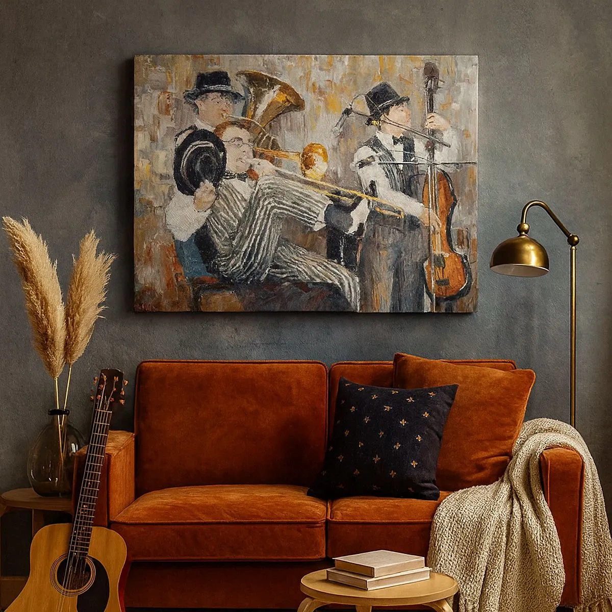 Quadro em tela - Músicos de jazz em estilo pictórico durante um concerto - 70x50cm - Todo aquele jazz - Decoração de parede moderna para a sala de estar e quarto ARTTOR