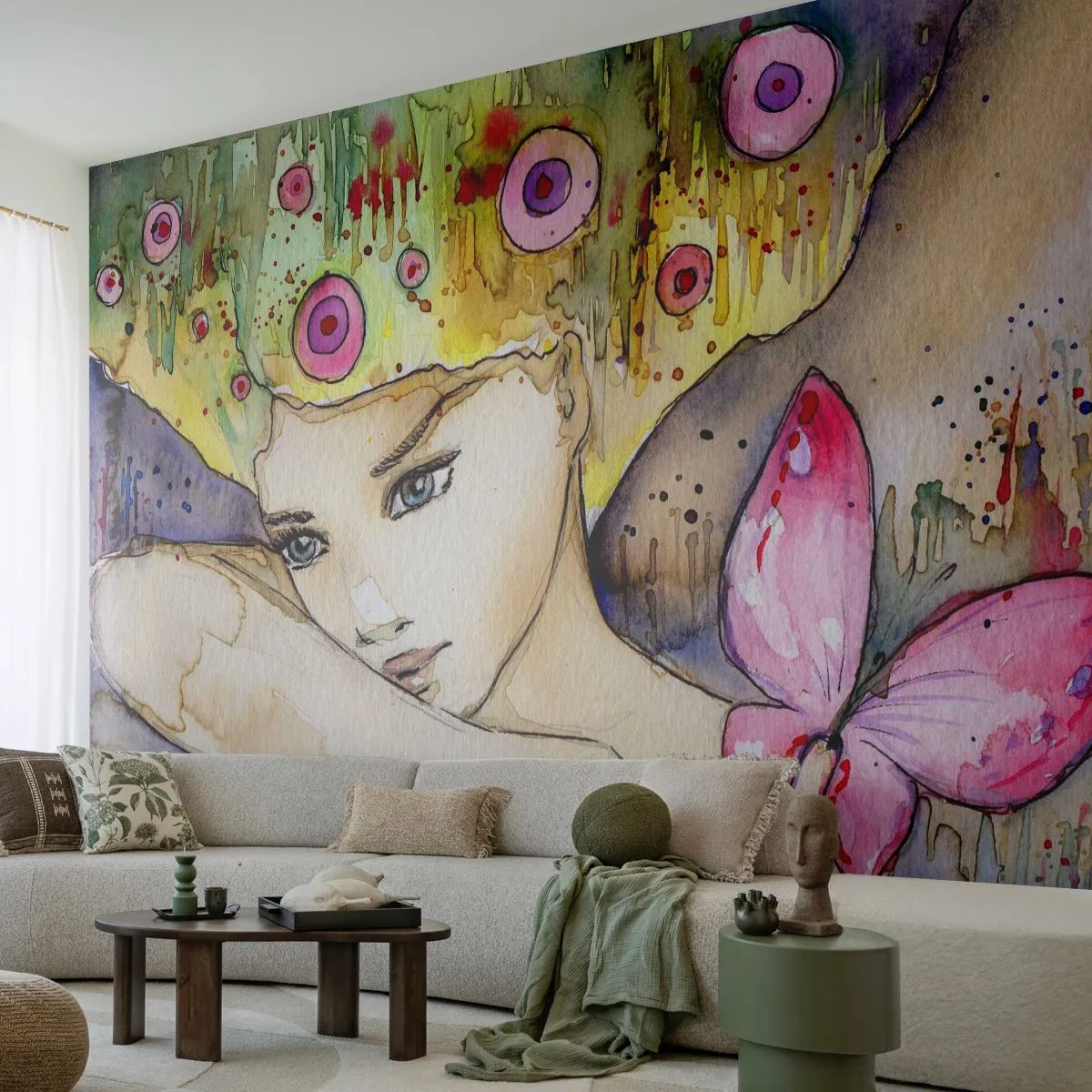 Papel de Parede Premium Canvas - Princesa borboleta - Abstração, Mulher, Aquarelas - 200x140 cm