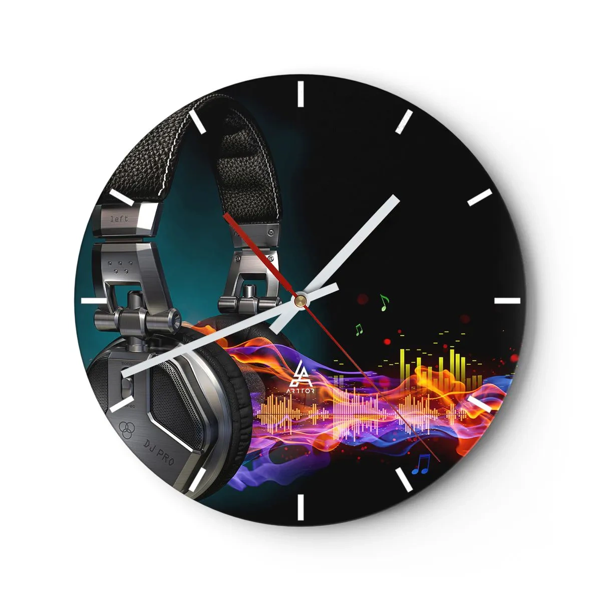Relógio de parede - Relógio em vidro - Fones de ouvido com visualização musical e efeitos de cor - 30x30cm - No fogo da música - Decoração de parede moderna para a sala de estar, cozinha e quarto ARTTOR
