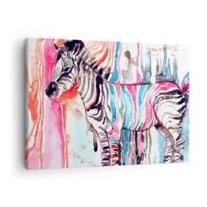 Quadro em tela - Uma zebra colorida contra um fundo de padrões abstratos de aquarela - 70x50cm - Uma piada despreocupada da natureza - Decoração de parede moderna para a sala de estar e quarto ARTTOR