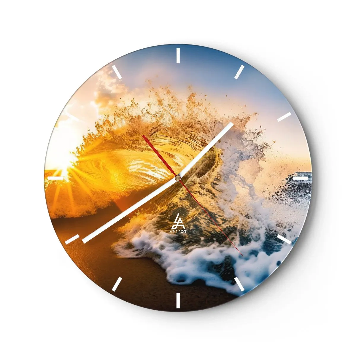 Relógio de parede - Relógio em vidro - Uma onda do mar iluminada pelos raios do sol poente - 30x30cm - Diversão na areia - Decoração de parede moderna para a sala de estar, cozinha e quarto ARTTOR
