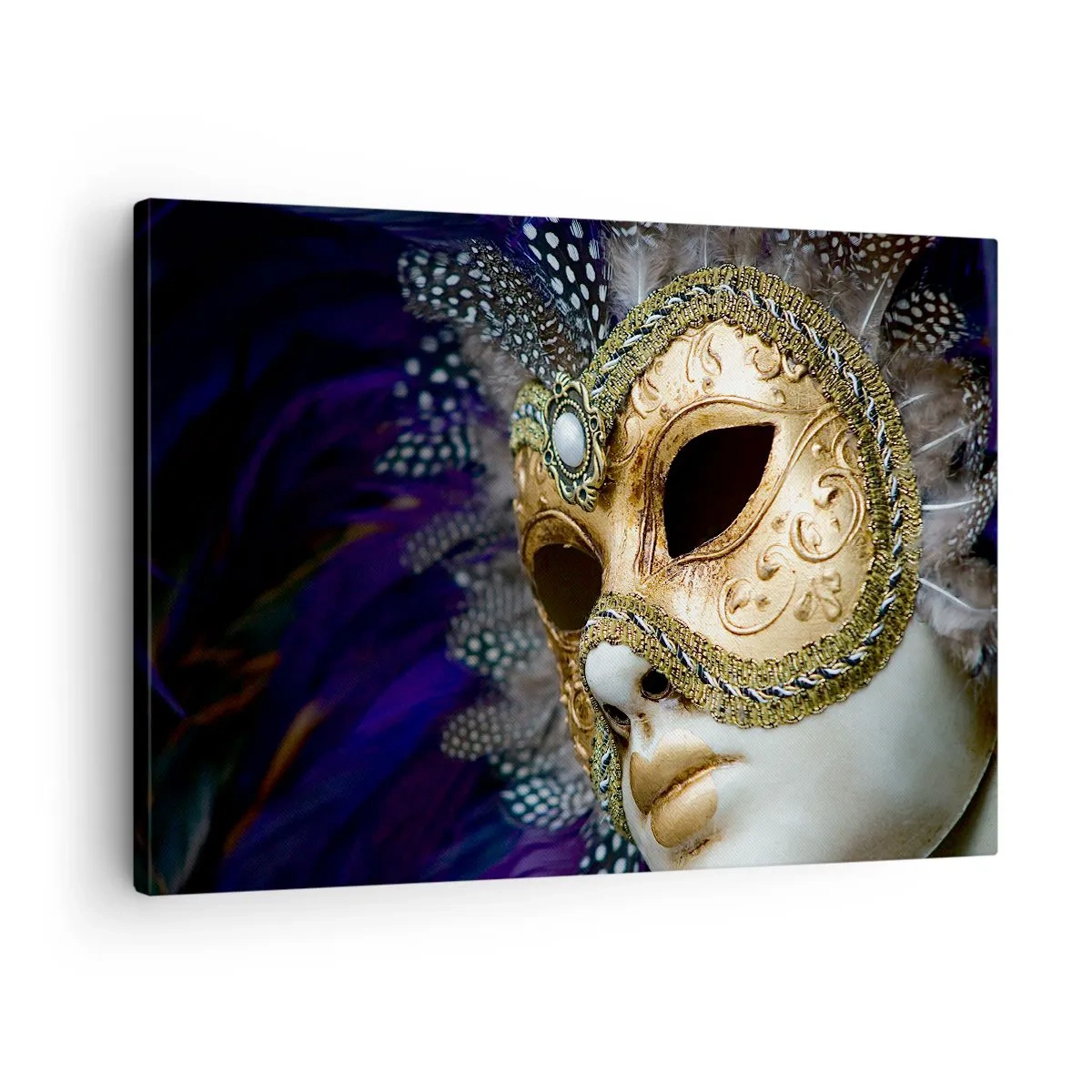 Quadro em tela - Máscara veneziana dourada com penas decorativas e ornamentos - 70x50cm - Retrato veneziano em ouro - Decoração de parede moderna para a sala de estar e quarto ARTTOR