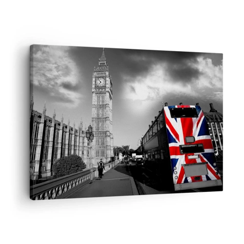 Quadro em tela - O Big Ben e um ônibus com uma bandeira britânica contra um fundo preto e branco - 70x50cm - Grande e orgulhosa - Decoração de parede moderna para a sala de estar e quarto ARTTOR