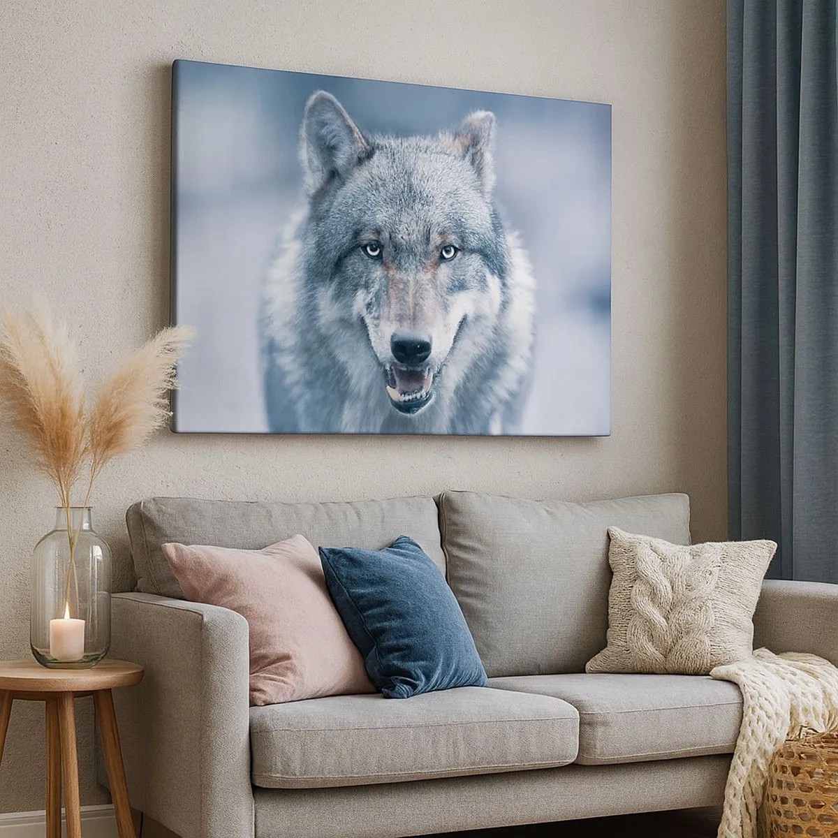 Quadro em tela - Um lobo com um olhar intenso em uma paisagem de inverno - 70x50cm - Vai aceitar o desafio? - Decoração de parede moderna para a sala de estar e quarto ARTTOR