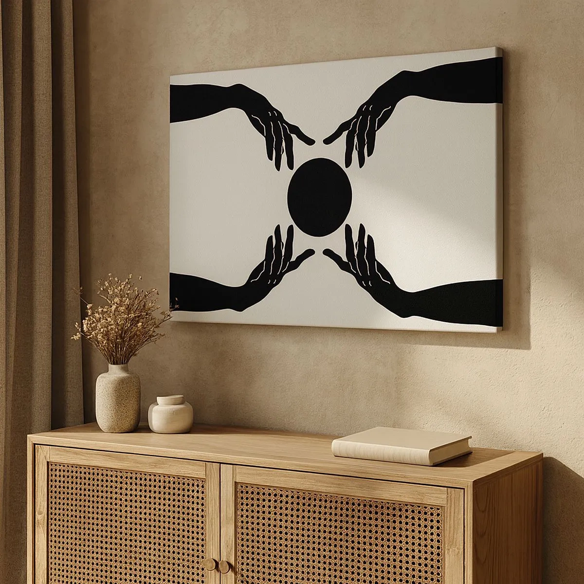 Quadro em tela - Mãos pretas em uma composição simétrica com uma bola - 70x50cm - Sinal secreto - Decoração de parede moderna para a sala de estar e quarto ARTTOR