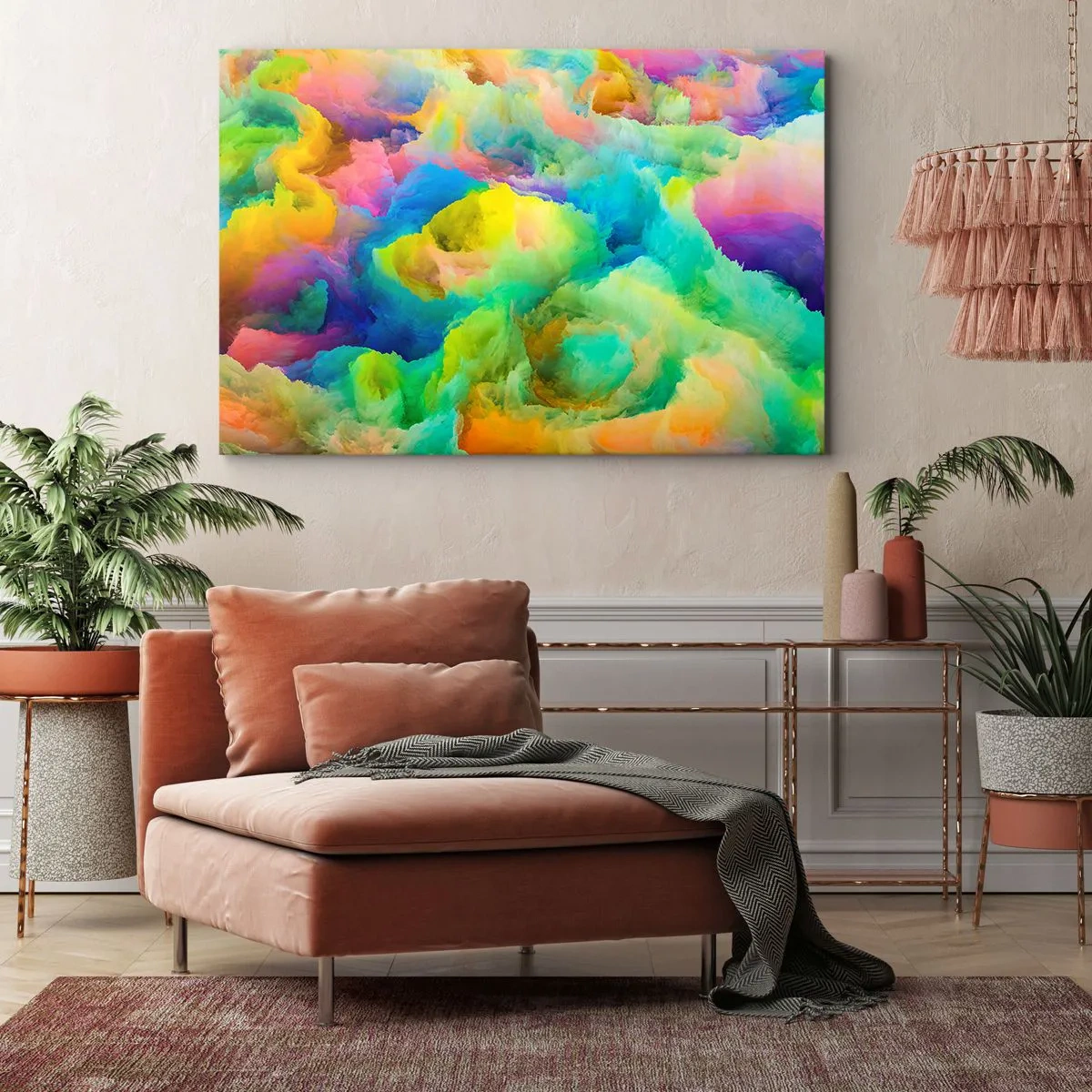 Quadro em tela - Composição abstrata em cores do arco-íris - 70x50cm - Penugem arco-íris - Decoração de parede moderna para a sala de estar e quarto ARTTOR