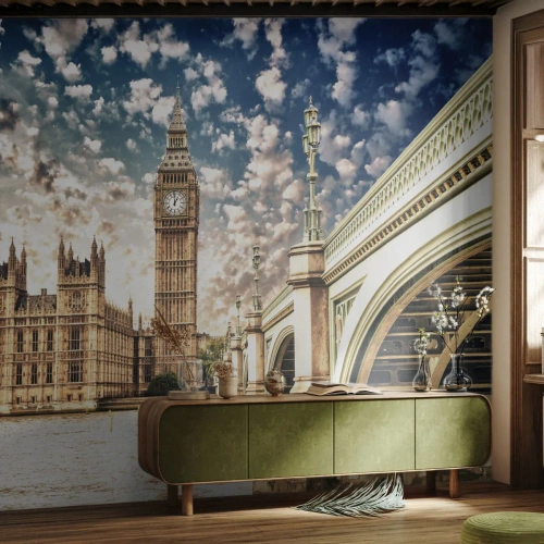 Papel de Parede Premium Canvas - Nuvens emplumadas sobre o Tamisa - Cidade, Londres, Inglaterra - 400x280 cm