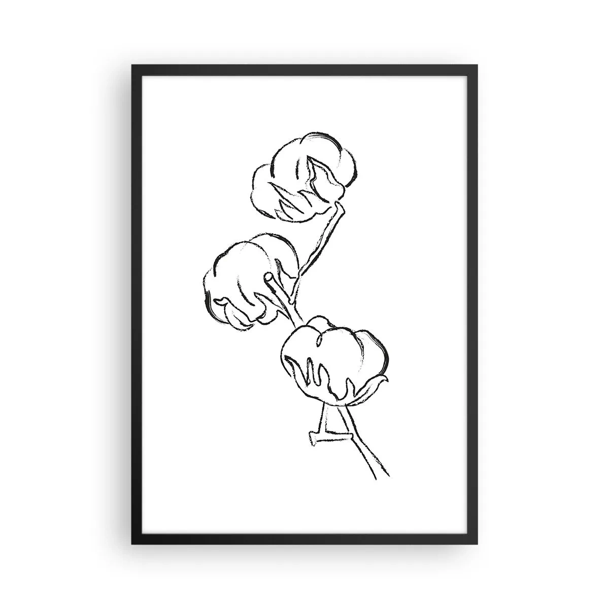Pôster com moldura preta - Um esboço minimalista de um galho de algodão - 50x70cm - Algodão para baixo - Decoração de parede moderna para a sala de estar e quarto ARTTOR