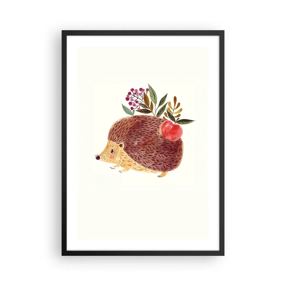 Pôster com moldura preta - Um ouriço fofo com uma maçã e galhos em um fundo claro - 50x70cm - Já gostas de mim - Decoração de parede moderna para a sala de estar e quarto ARTTOR