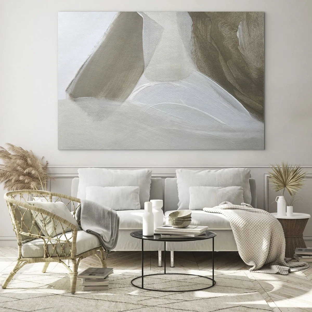 Quadro em vidro - Uma abstração delicada em branco e bege com traços suaves. - 70x50cm - Uma onda de branco - Decoração de parede moderna para a sala de estar e quarto ARTTOR