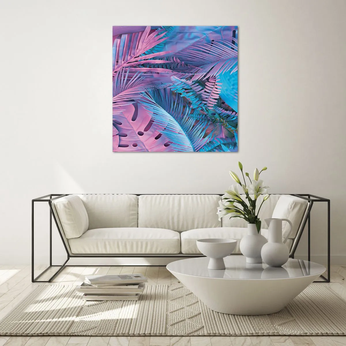 Quadro em vidro - Trópicos em rosa e azul - 30x30 cm