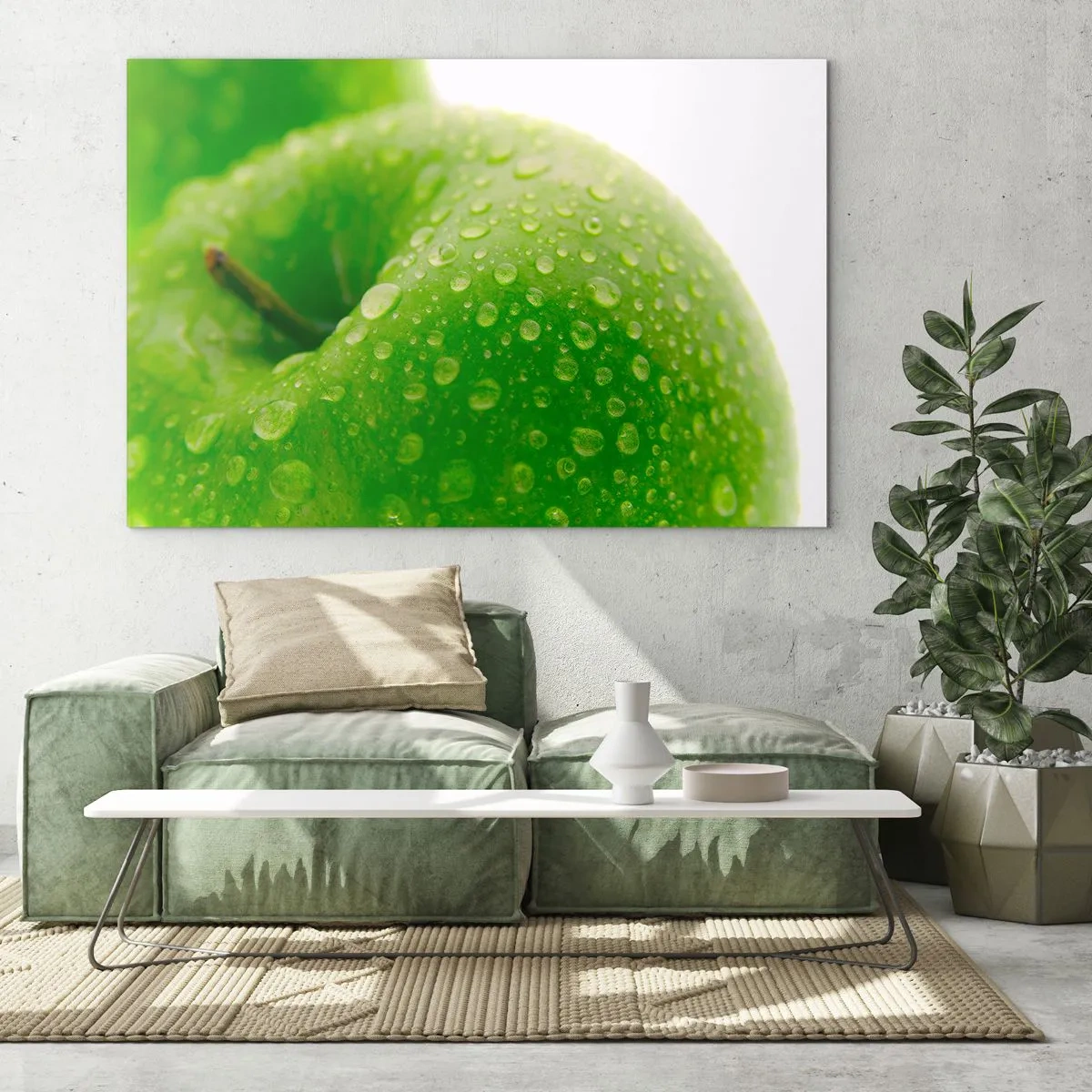 Quadro em vidro - Uma maçã verde coberta com gotas de água - 70x50cm - Frescor verde - Decoração de parede moderna para a sala de estar e quarto ARTTOR