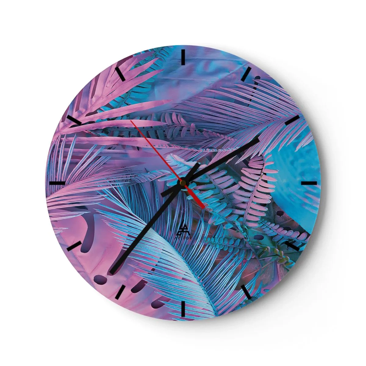 Relógio de parede - Relógio em vidro - Uma composição abstrata de folhas de palmeira em tons de rosa e azul. - 30x30cm - Trópicos em rosa e azul - Decoração de parede moderna para a sala de estar, cozinha e quarto ARTTOR