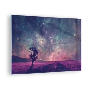 Quadro em vidro - Uma árvore tendo como pano de fundo um céu estrelado e uma galáxia - 70x50cm - Sob o céu mágico - Decoração de parede moderna para a sala de estar e quarto ARTTOR
