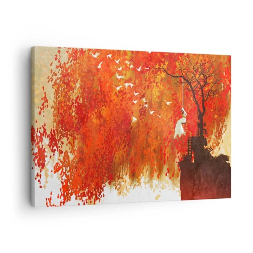 Quadro em tela - Uma figura em um balanço perto de uma árvore cercada por folhas vermelhas - 70x50cm - Será que vai voar com eles? - Decoração de parede moderna para a sala de estar e quarto ARTTOR