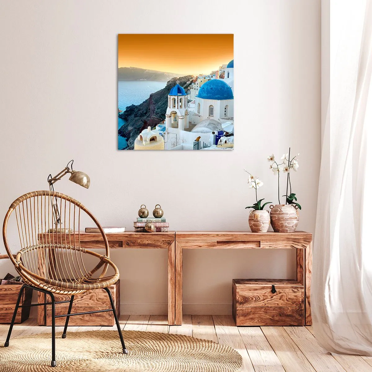 Quadro em tela - Santorini - abraçada às rochas - 70x70 cm