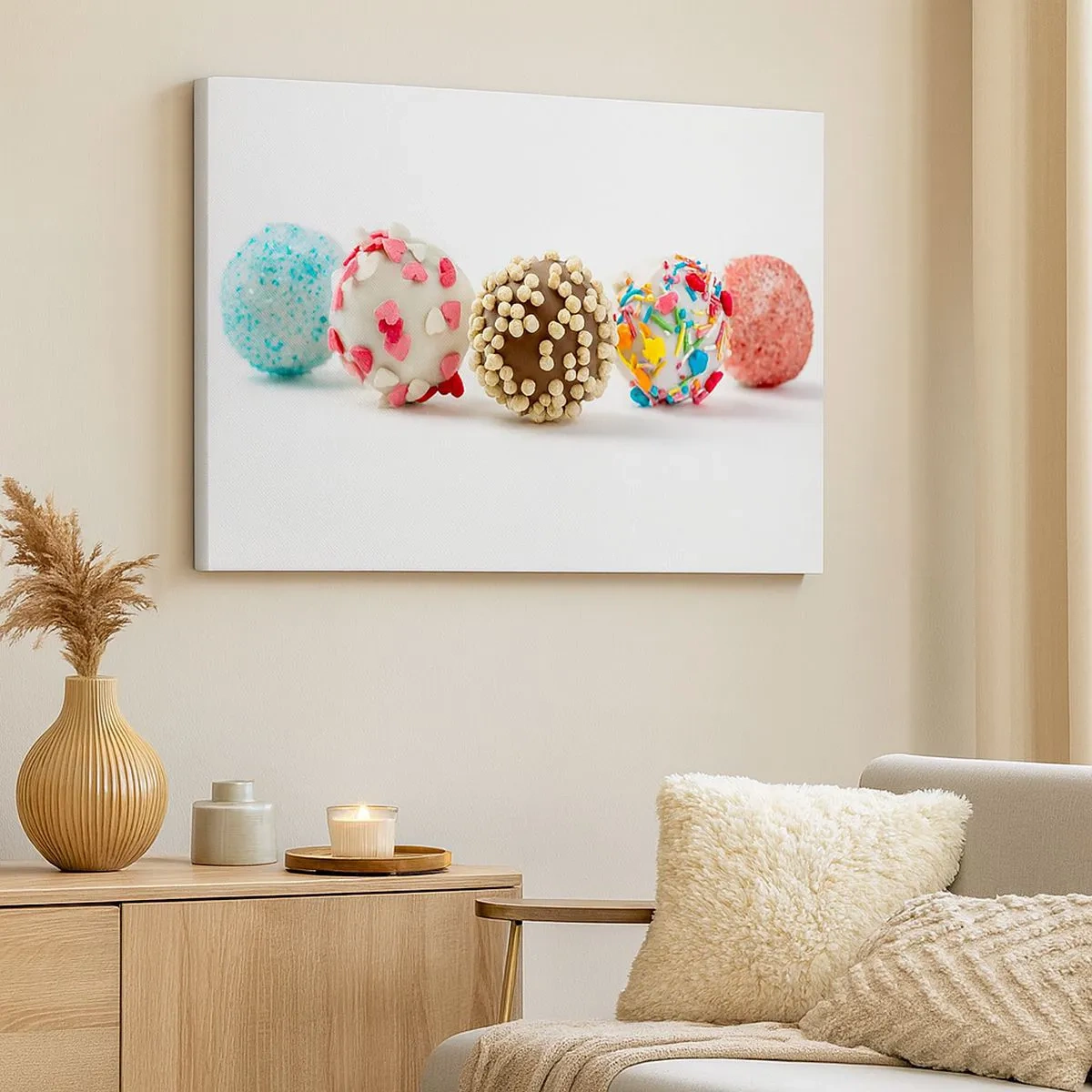 Quadro em tela - Bombons coloridos com decorações em fundo branco - 70x50cm - A vida pode ser doce - Decoração de parede moderna para a sala de estar e quarto ARTTOR