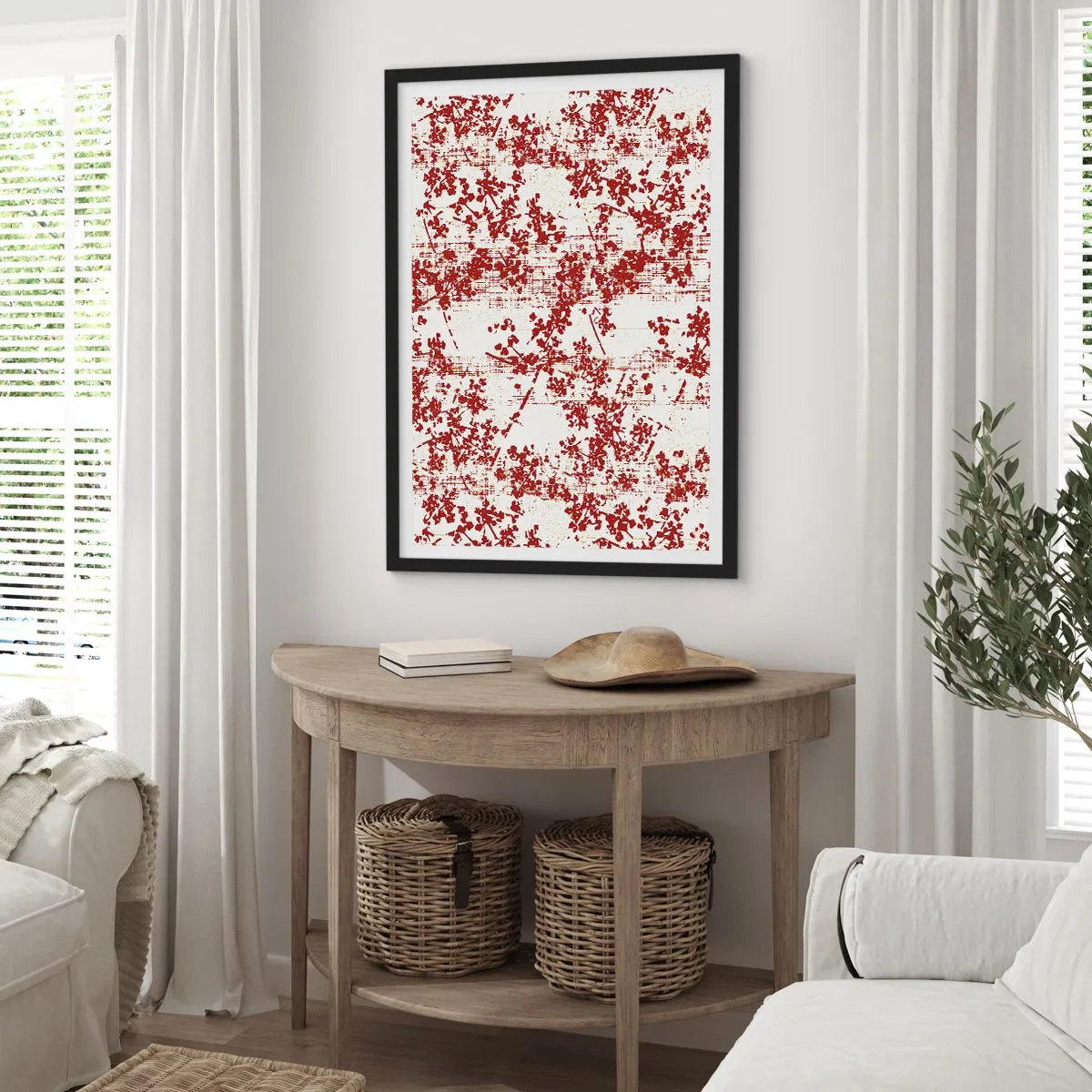 Pôster com moldura preta - Detalhes florais vermelhos em fundo claro - 50x70cm - Como chita antiga - Decoração de parede moderna para a sala de estar e quarto ARTTOR