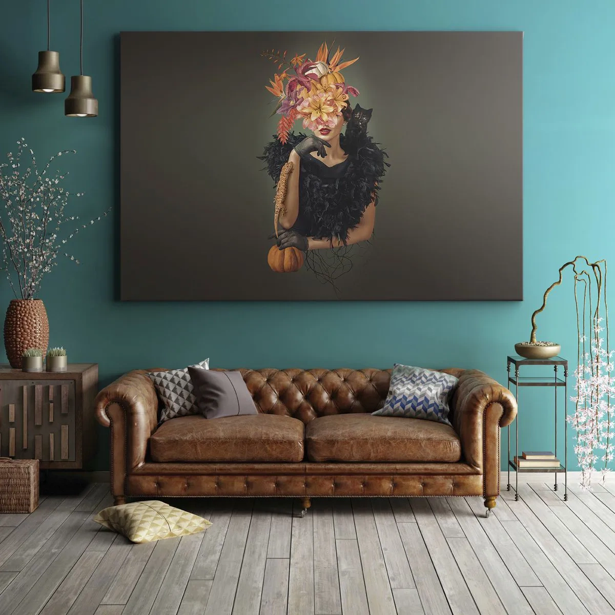 Quadro em tela - Retrato de uma mulher com motivos outonais e um gato - 70x50cm - O feitiço da bruxa - Decoração de parede moderna para a sala de estar e quarto ARTTOR