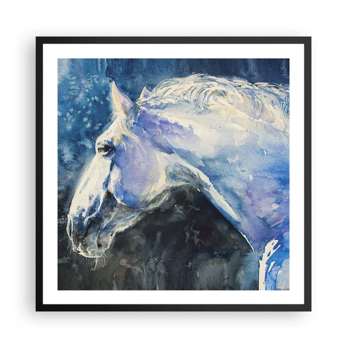 Pôster com moldura preta - Retrato com um brilho azul - 60x60 cm