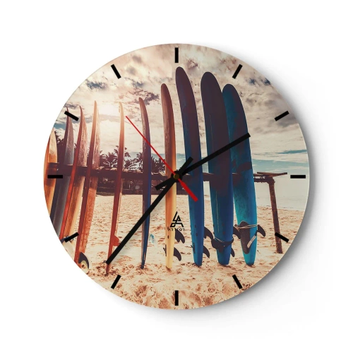 Relógio de parede - Relógio em vidro - Pranchas de surfe alinhadas na praia ao pôr do sol - 30x30cm - Boa noite, até amanhã - Decoração de parede moderna para a sala de estar, cozinha e quarto ARTTOR